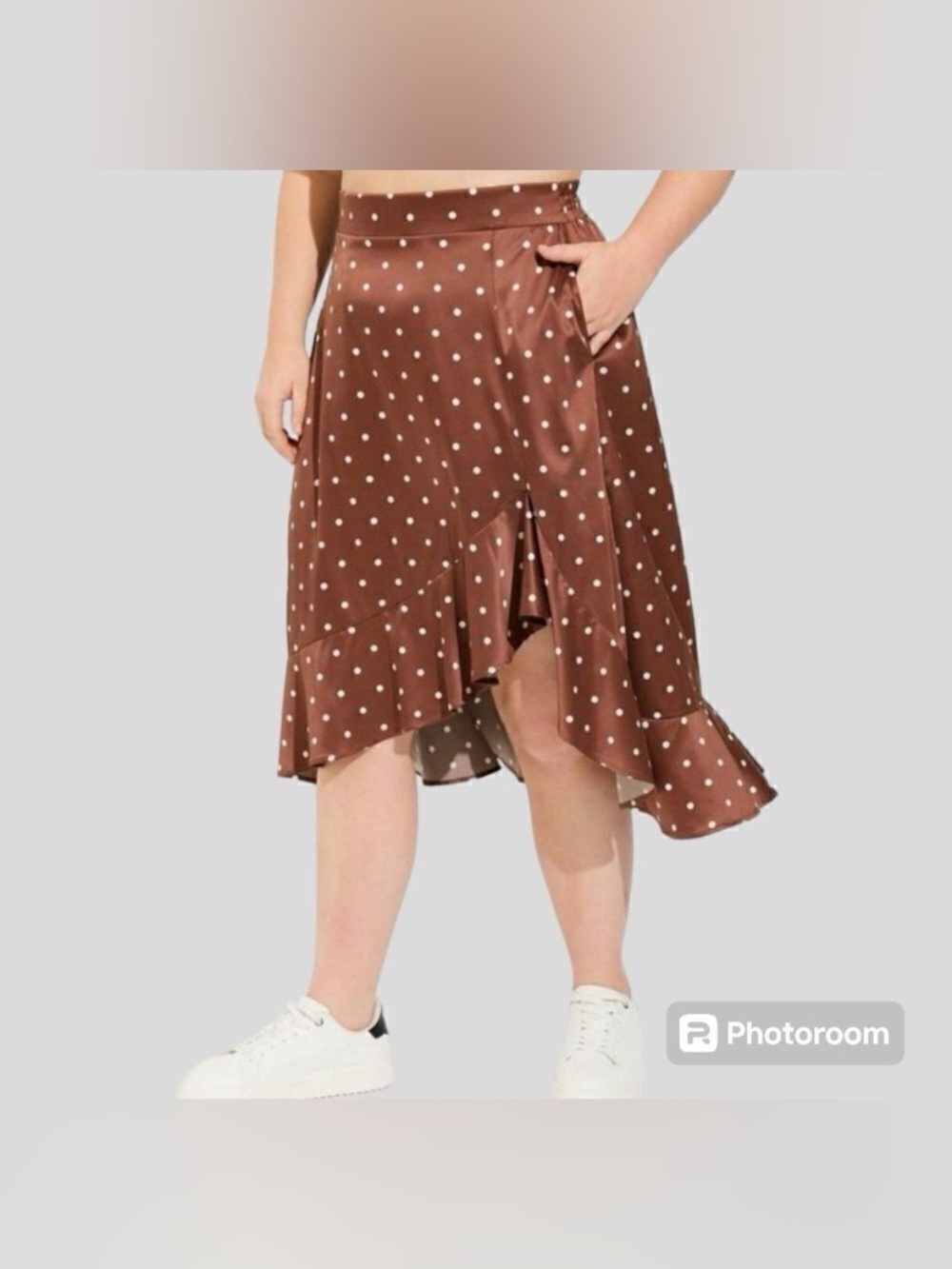 Torrid Brown Polka Dot Midi Stretch Satin Skirt Hi Lo Ruffle Pull on NWT sz3